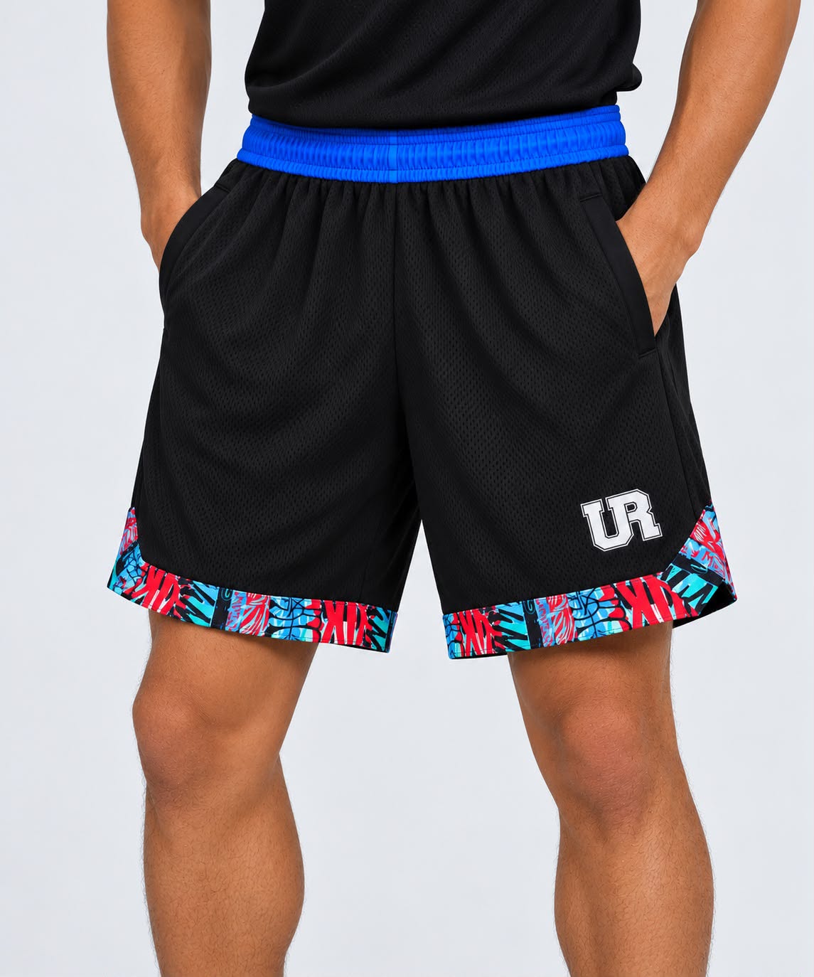 Men’s UR Mesh Basketball Shorts – Black with Blue Waistband & Printed Trim
