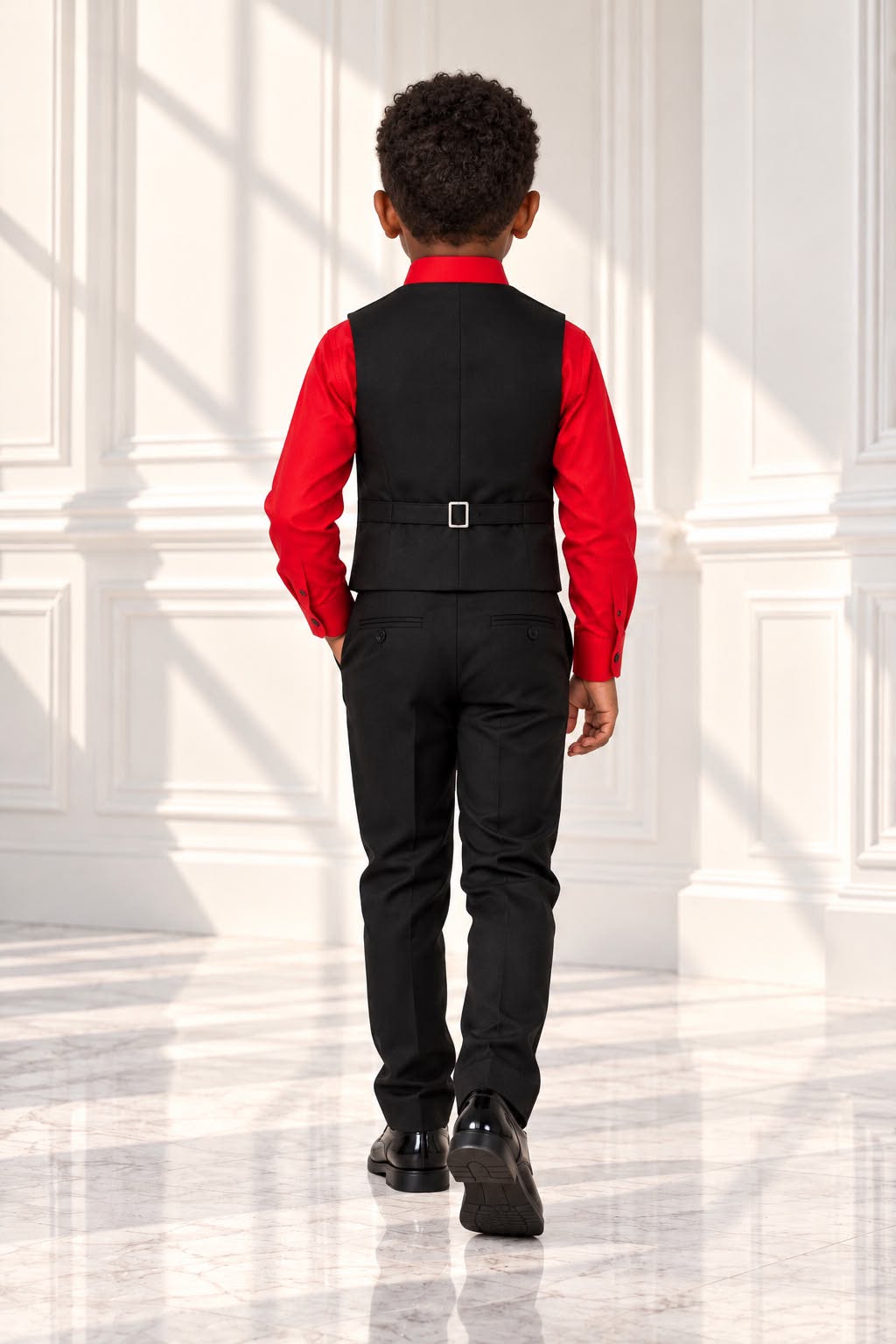 Boys’ 4-Piece Formal Shirt, Waistcoat, Tie & Trousers Set – Red & Black | Size 6