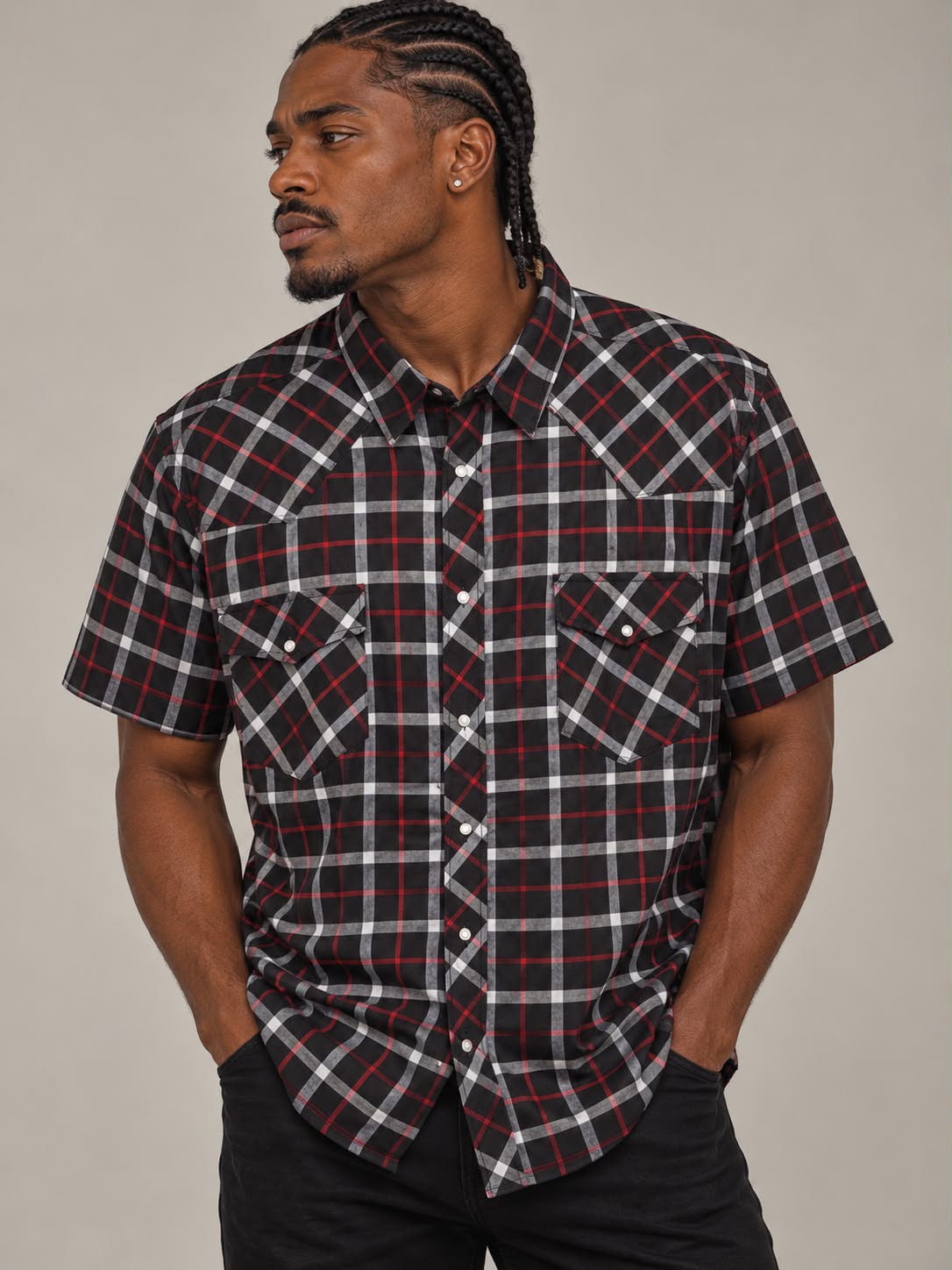 Men’s Western Plaid Short Sleeve Shirt – Sizes 3XL–5XL