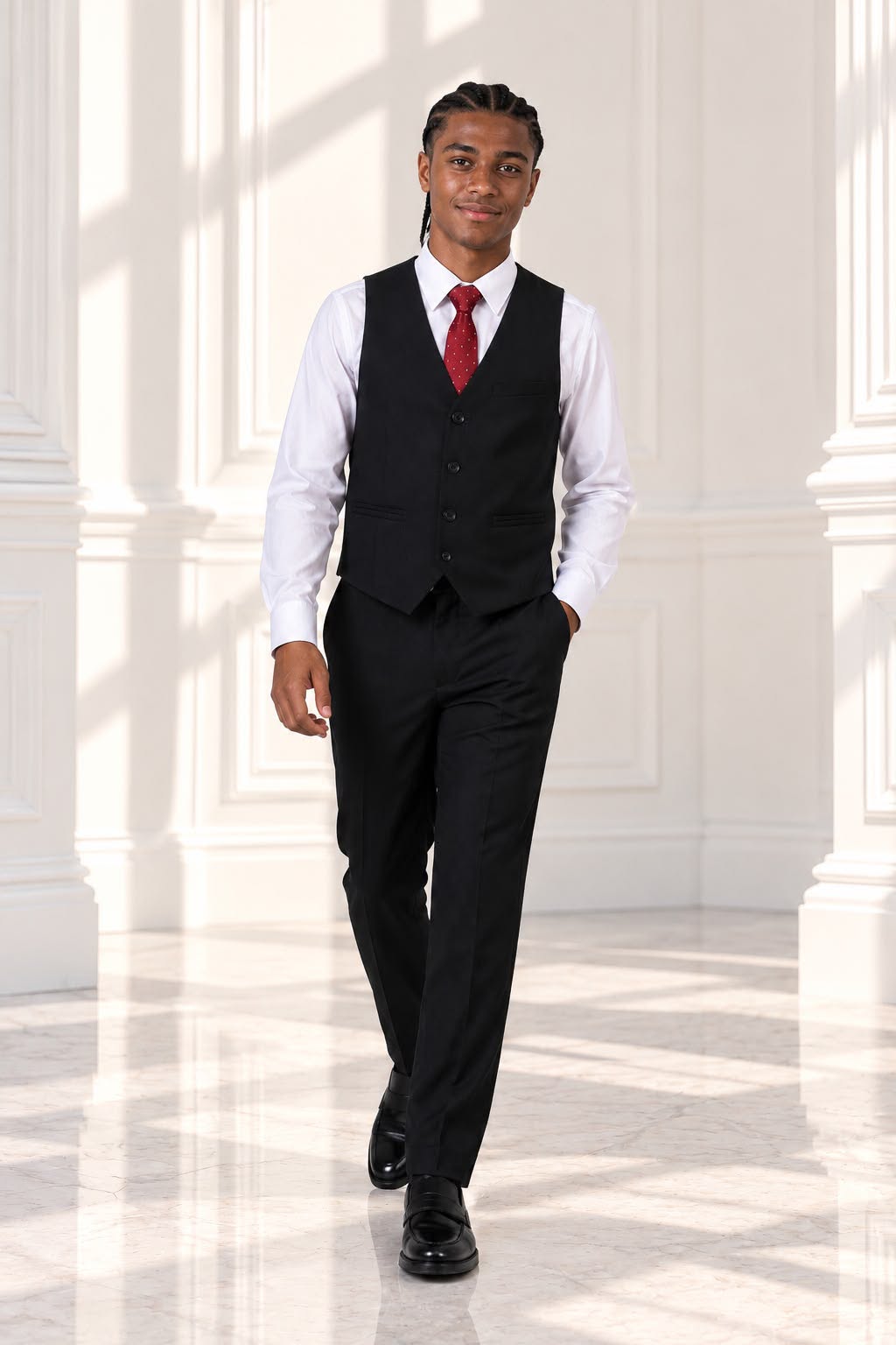 Boys’ 4-Piece Formal Shirt, Waistcoat, Tie & Trousers Set – White & Black | Size 20