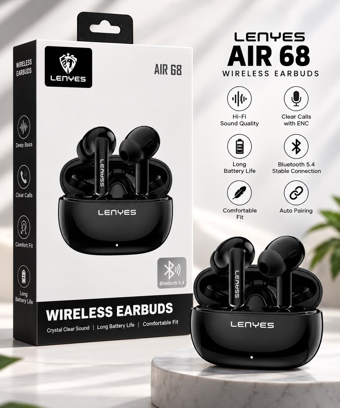 Lenyes Air 68 Wireless Earbuds with Charging Case – Black or White