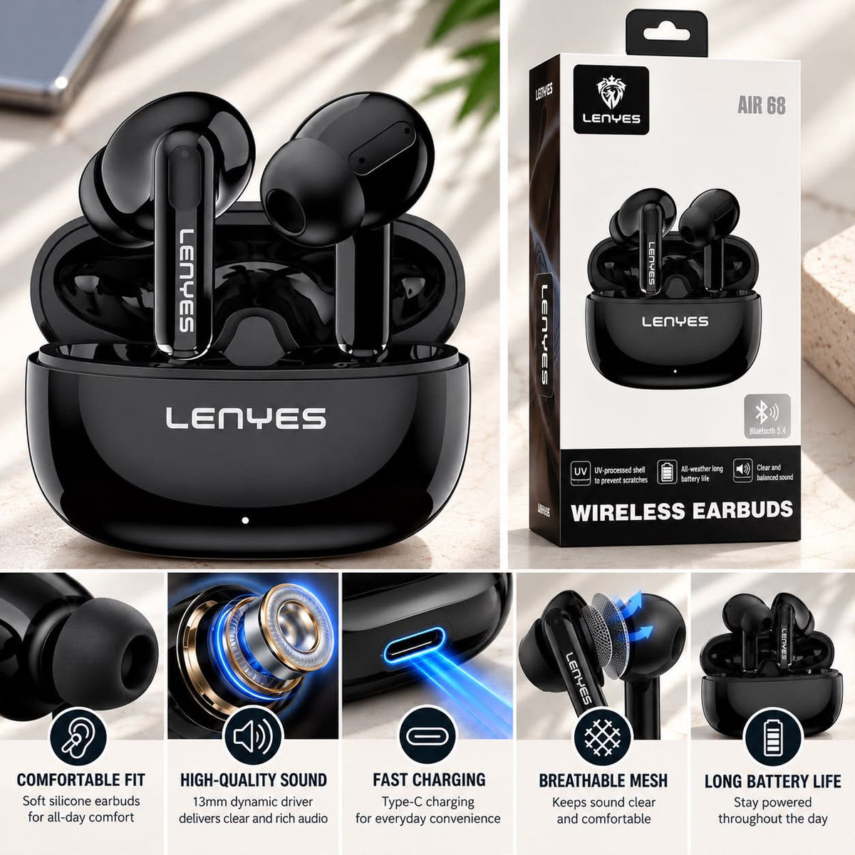 Lenyes Air 68 Wireless Earbuds with Charging Case – Black or White