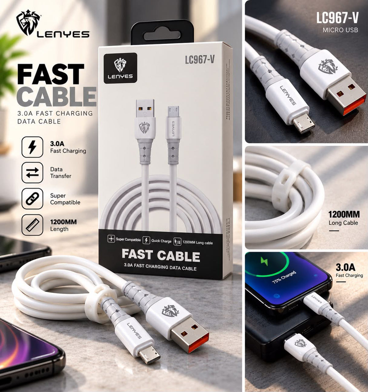 Lenyes LC967-V USB-A to Micro-USB Fast Charging Cable – 1.2 m