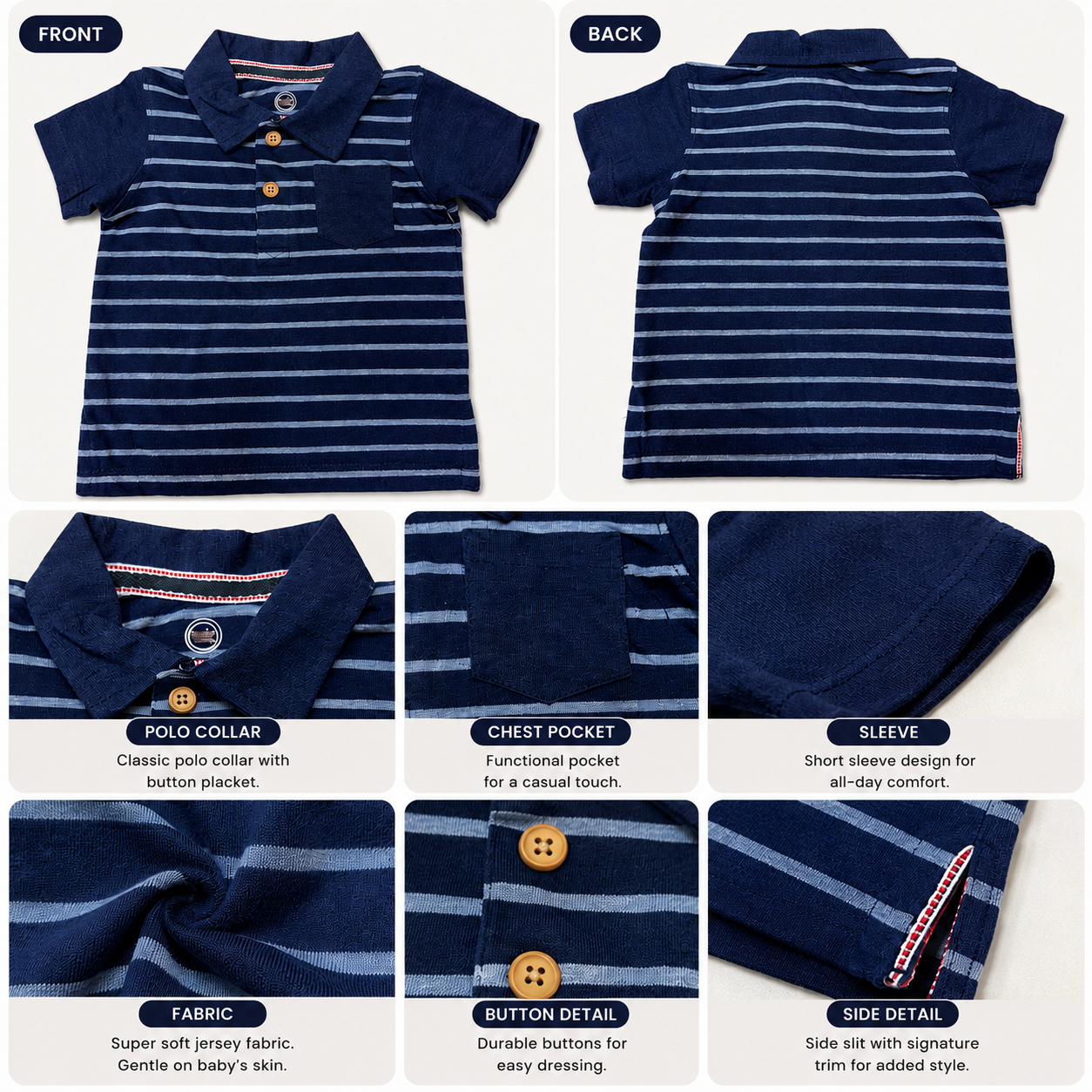 Baby Boys Striped Jersey Polo Shirt with Chest Pocket | 12–24 Months