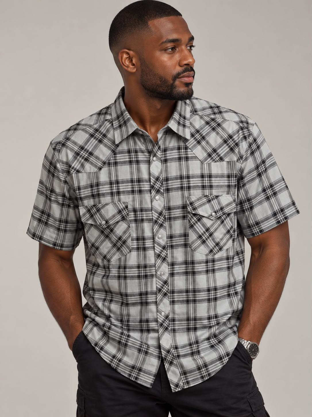Men’s Western Plaid Short Sleeve Shirt – Sizes 3XL–5XL