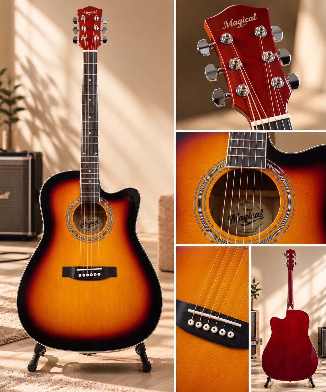 Magical 6-String Cutaway Acoustic Guitar – Sunburst