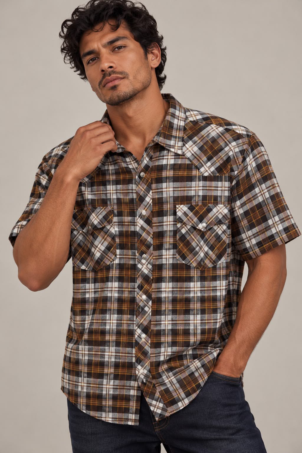 Men’s Western Plaid Short Sleeve Shirt – Sizes 3XL–5XL