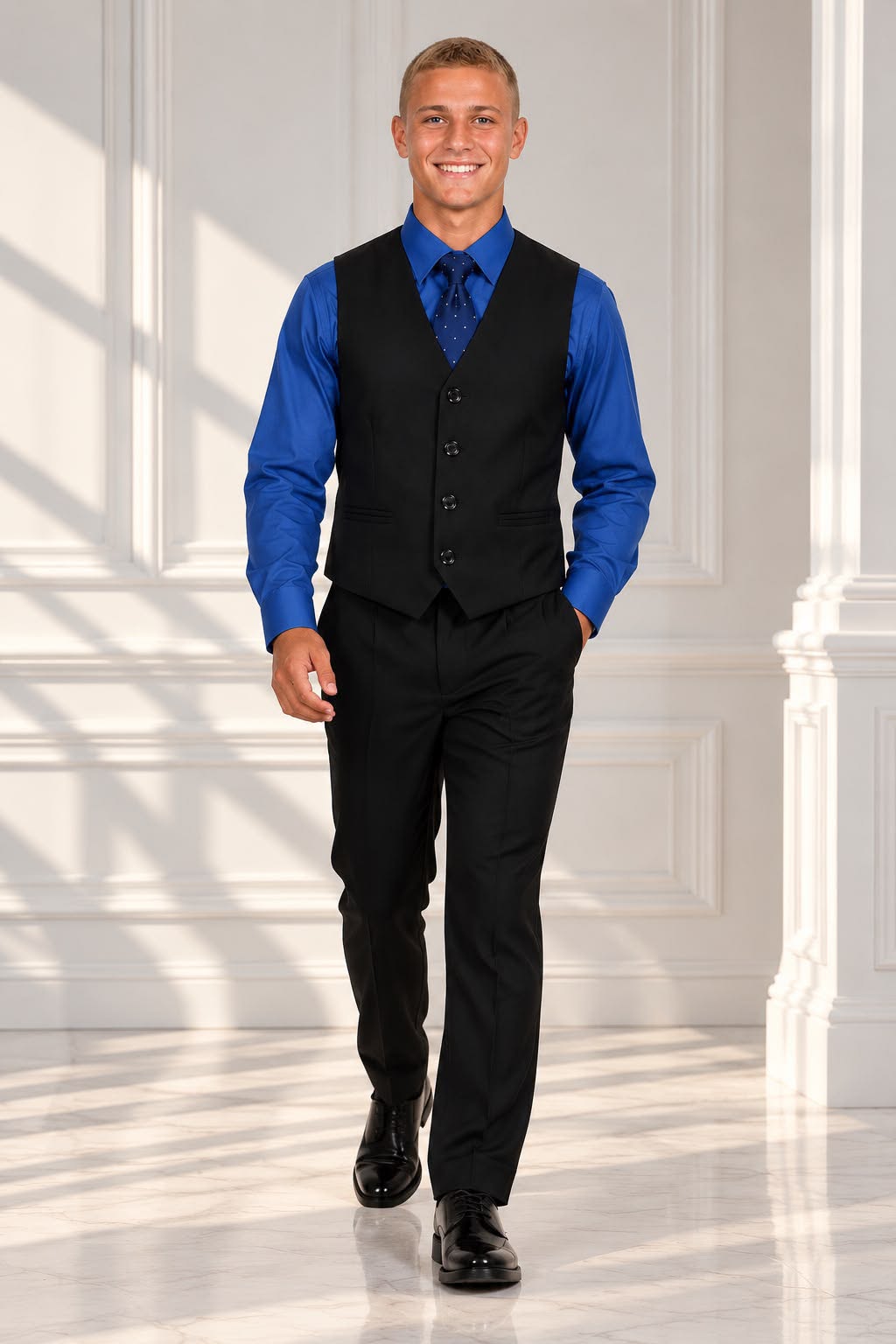 Boys’ 4-Piece Formal Shirt, Waistcoat, Tie & Trousers Set – Royal Blue & Black | Size 20