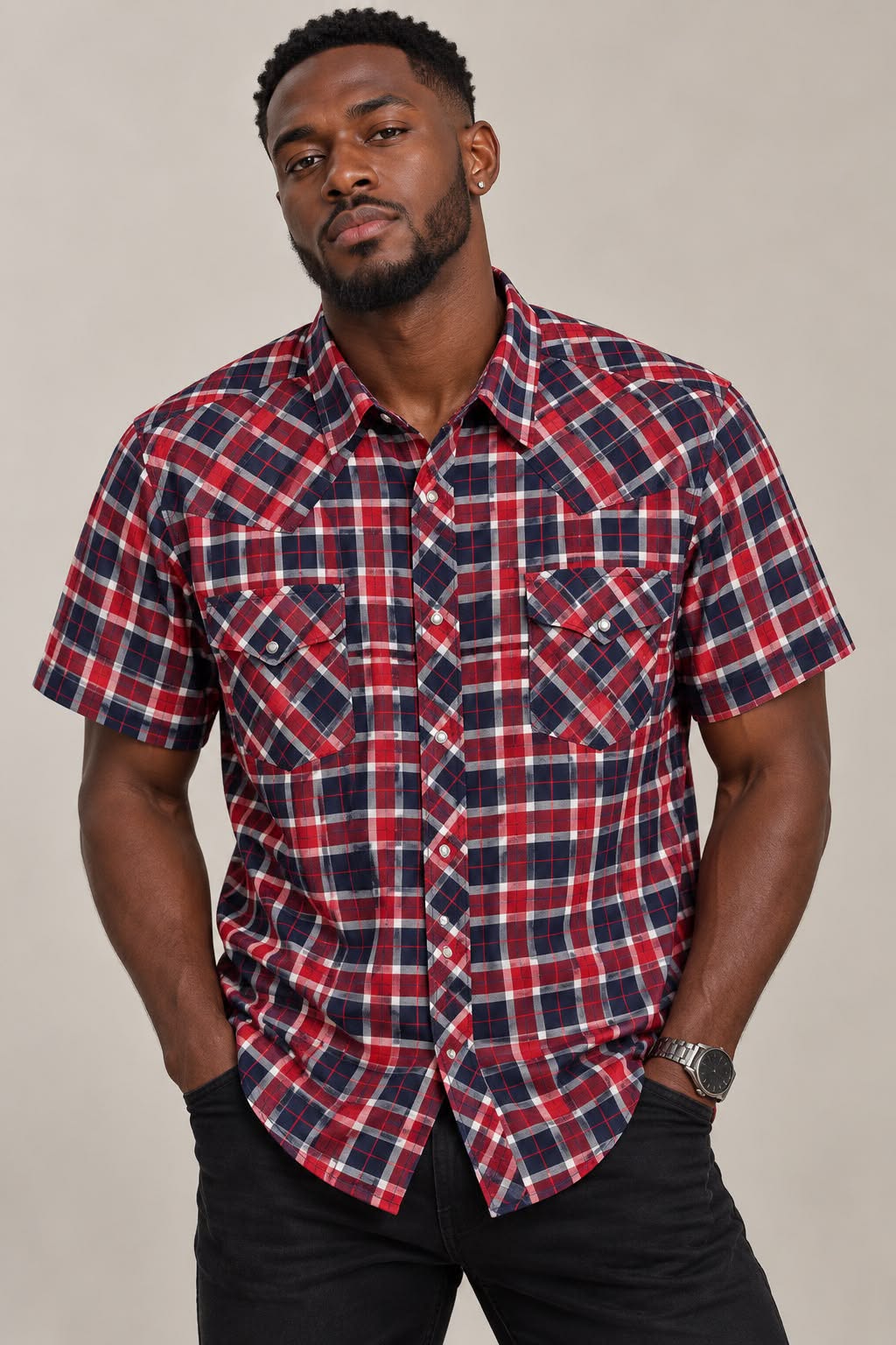 Men’s Western Plaid Short Sleeve Shirt – Sizes 3XL–5XL