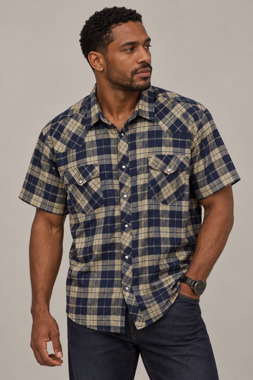 Men’s Western Plaid Short Sleeve Shirt – Sizes 3XL–5XL