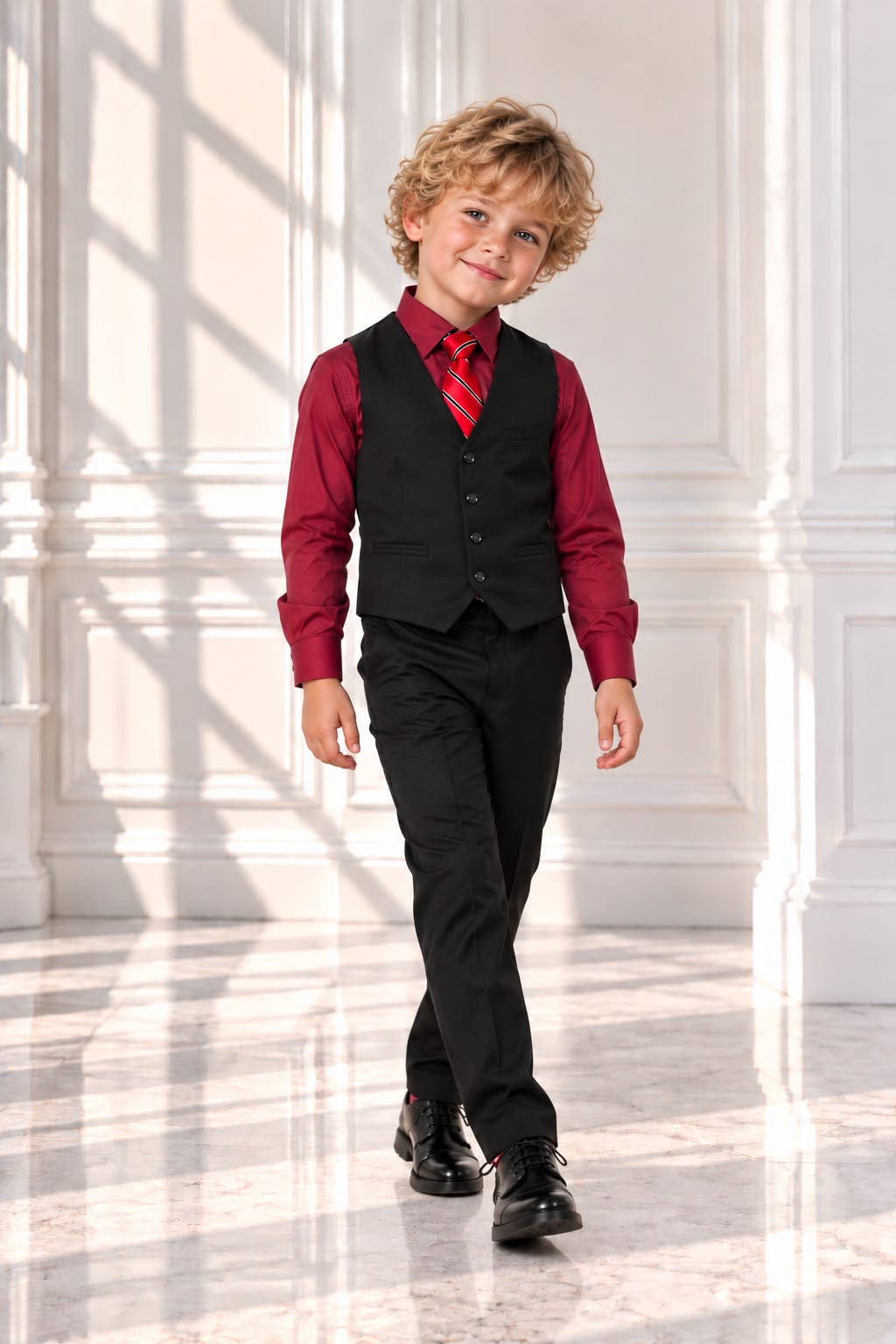 Boys’ 4-Piece Formal Shirt, Waistcoat, Tie & Trousers Set – Burgundy & Black | Size 6