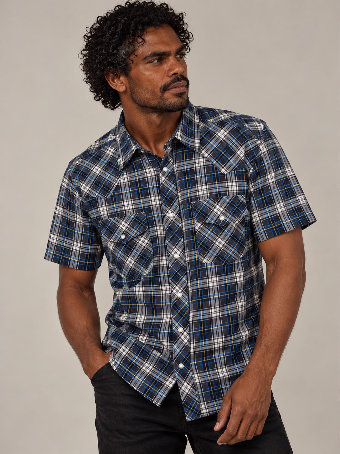 Men’s Western Plaid Short Sleeve Shirt – Sizes 3XL–5XL