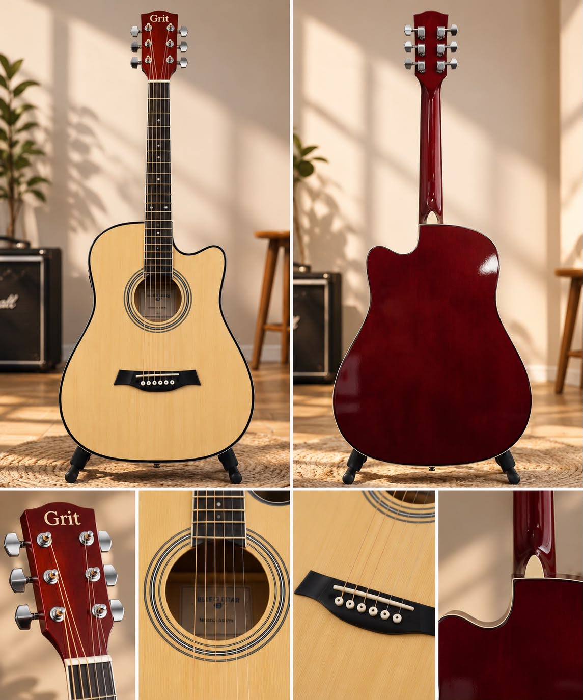 Grit 6-String Cutaway Acoustic Guitar – Natural & Burgundy