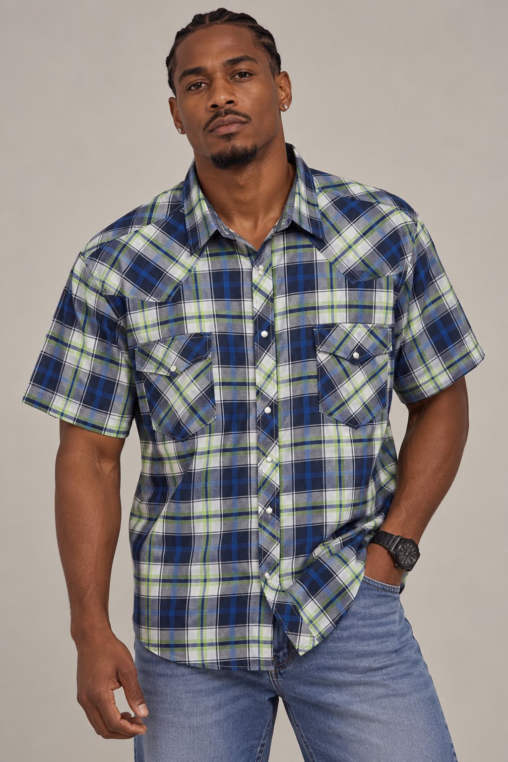 Men’s Western Plaid Short Sleeve Shirt – Sizes 3XL–5XL