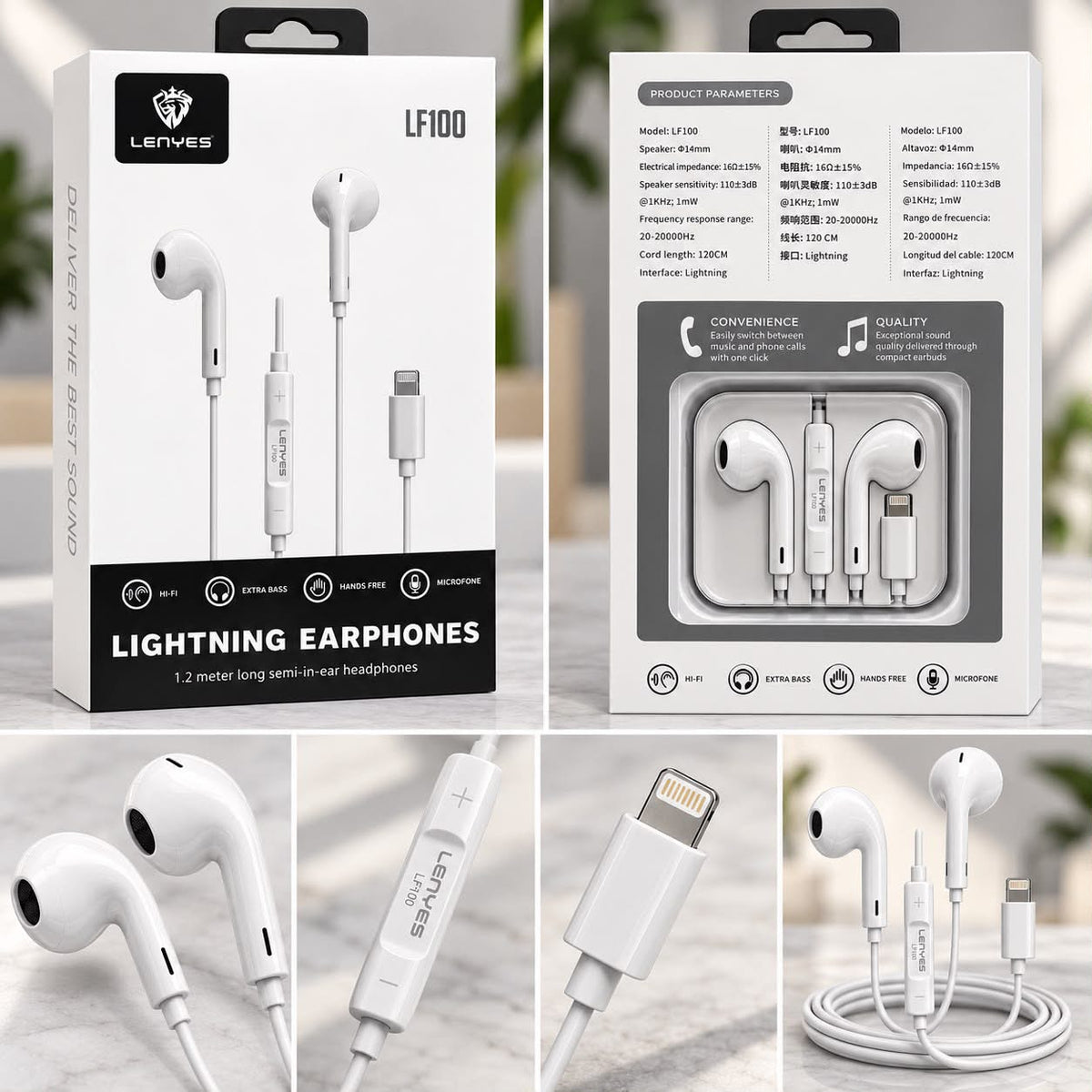 Lenyes LF100 Wired Lightning Earphones with Microphone – White