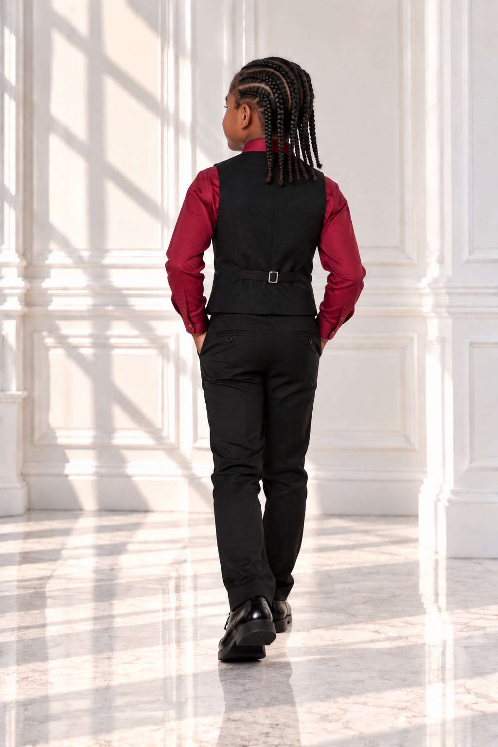 Boys’ 4-Piece Formal Shirt, Waistcoat, Tie & Trousers Set – Burgundy & Black | Size 7