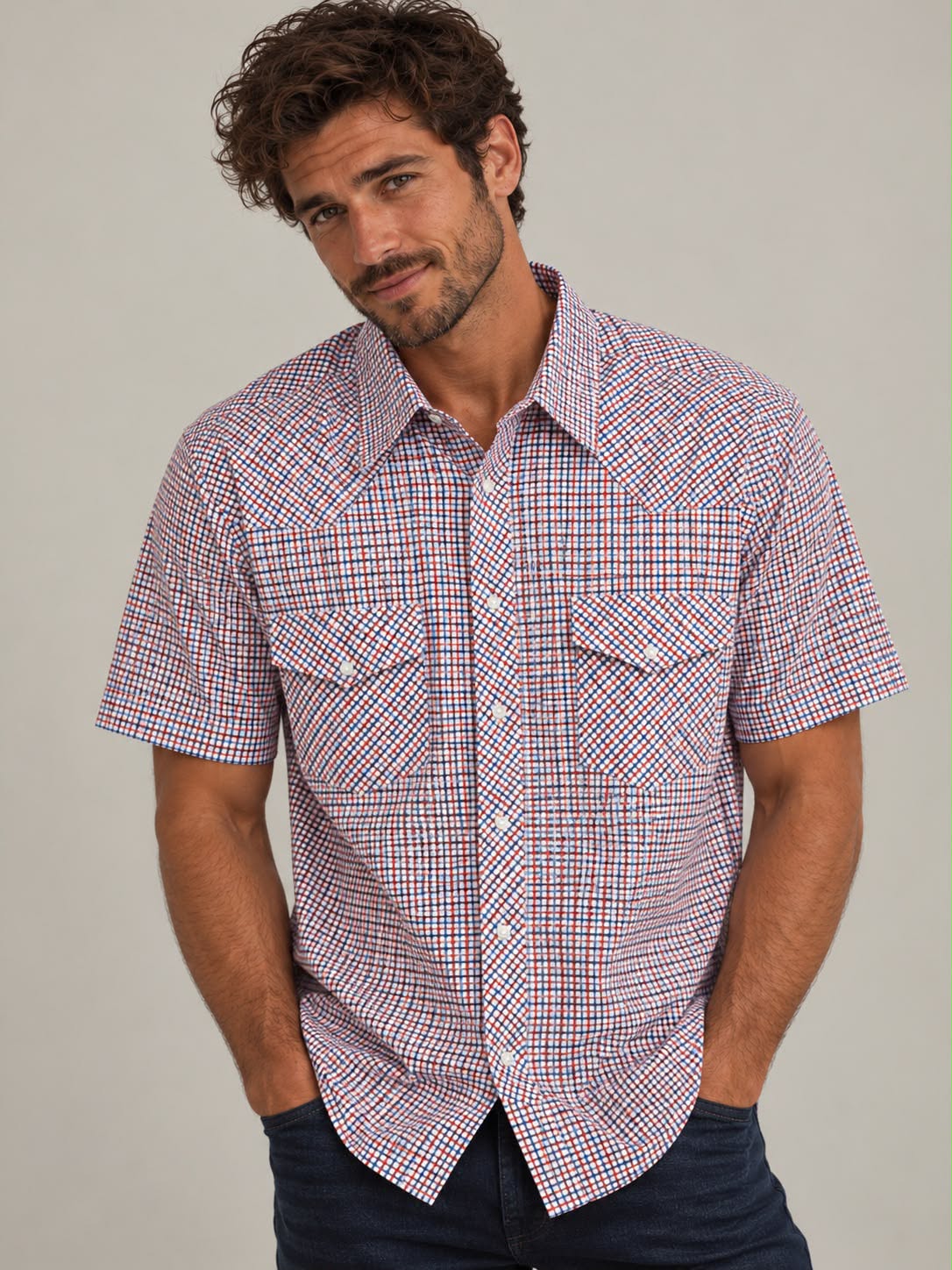 Men’s Western Plaid Short Sleeve Shirt – Sizes 3XL–5XL