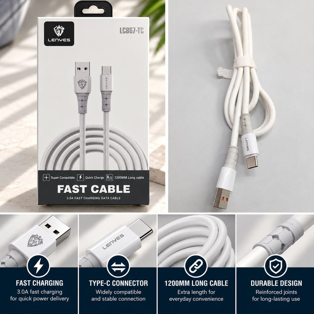 Lenyes LC867-TC USB-A to USB-C Fast Charging Cable – 1.2 m