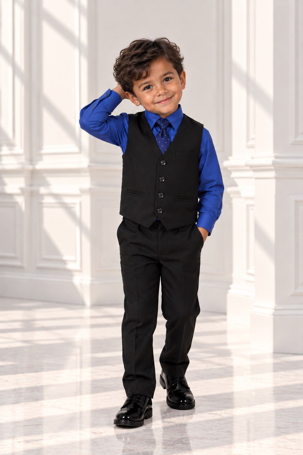 Boys’ 4-Piece Formal Shirt, Waistcoat, Tie & Trousers Set – Royal Blue & Black | Age 4