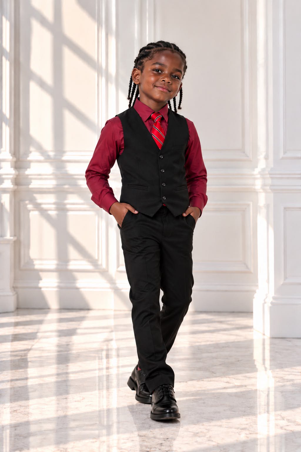 Boys’ 4-Piece Formal Shirt, Waistcoat, Tie & Trousers Set – Burgundy & Black | Size 7