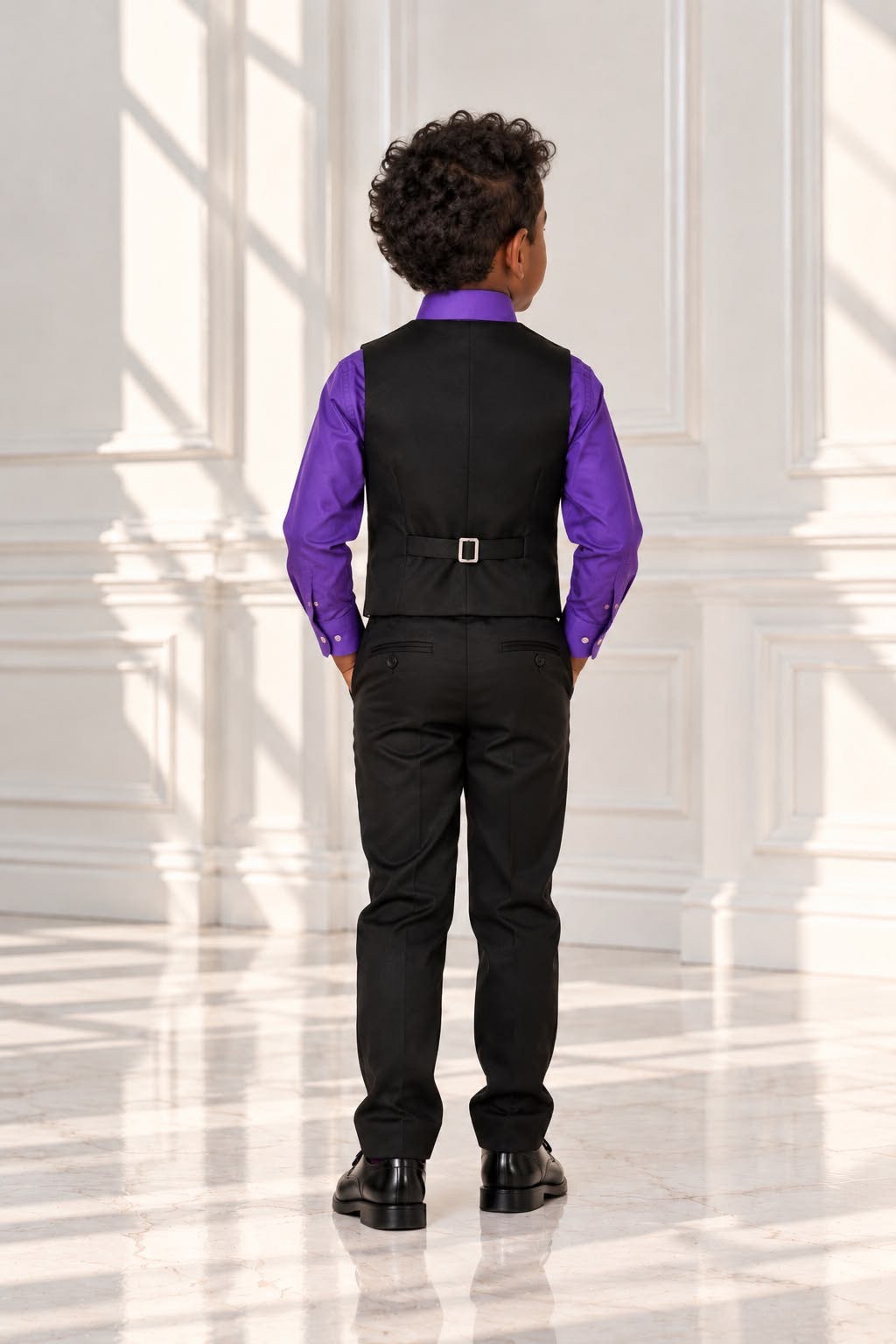Boys’ 4-Piece Formal Shirt, Waistcoat, Tie & Trousers Set – Purple & Black | Size 6