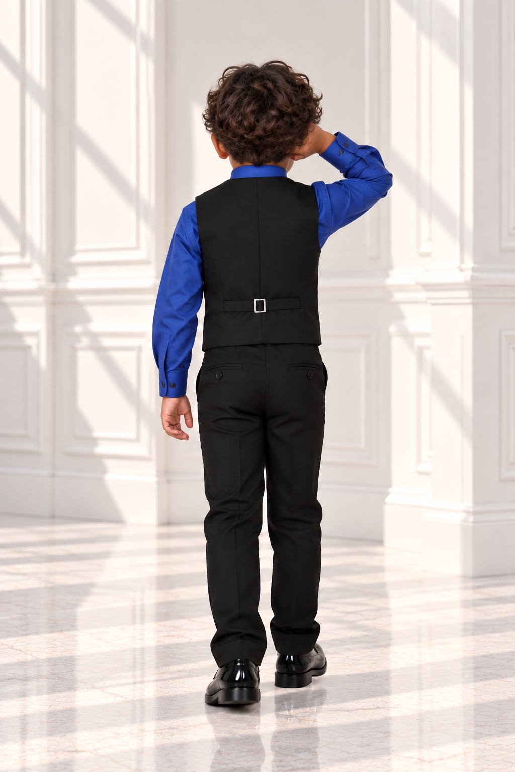 Boys’ 4-Piece Formal Shirt, Waistcoat, Tie & Trousers Set – Royal Blue & Black | Age 4