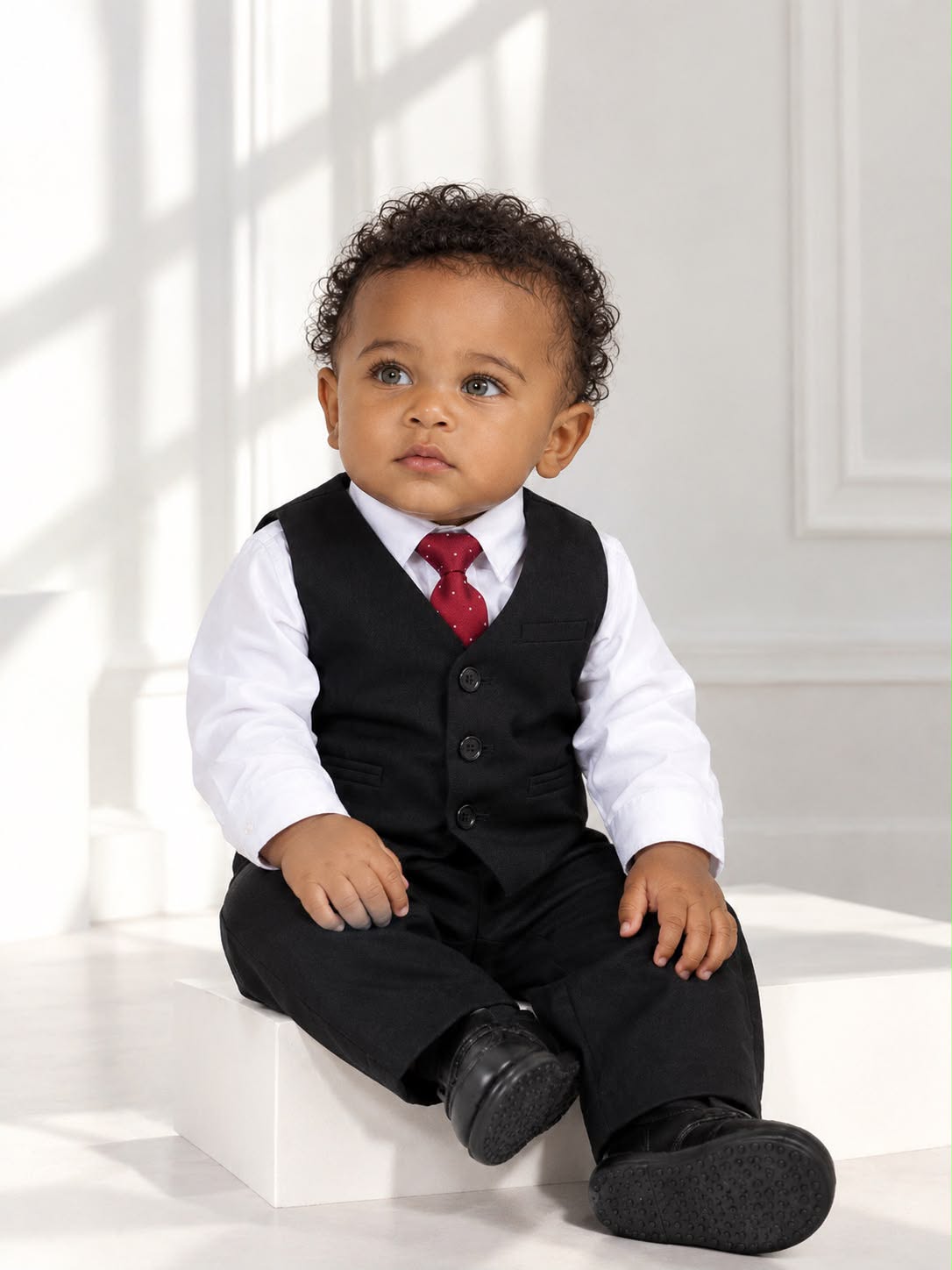 Baby Boys’ Formal Shirt, Vest & Trouser Set – White & Black | 12 Months