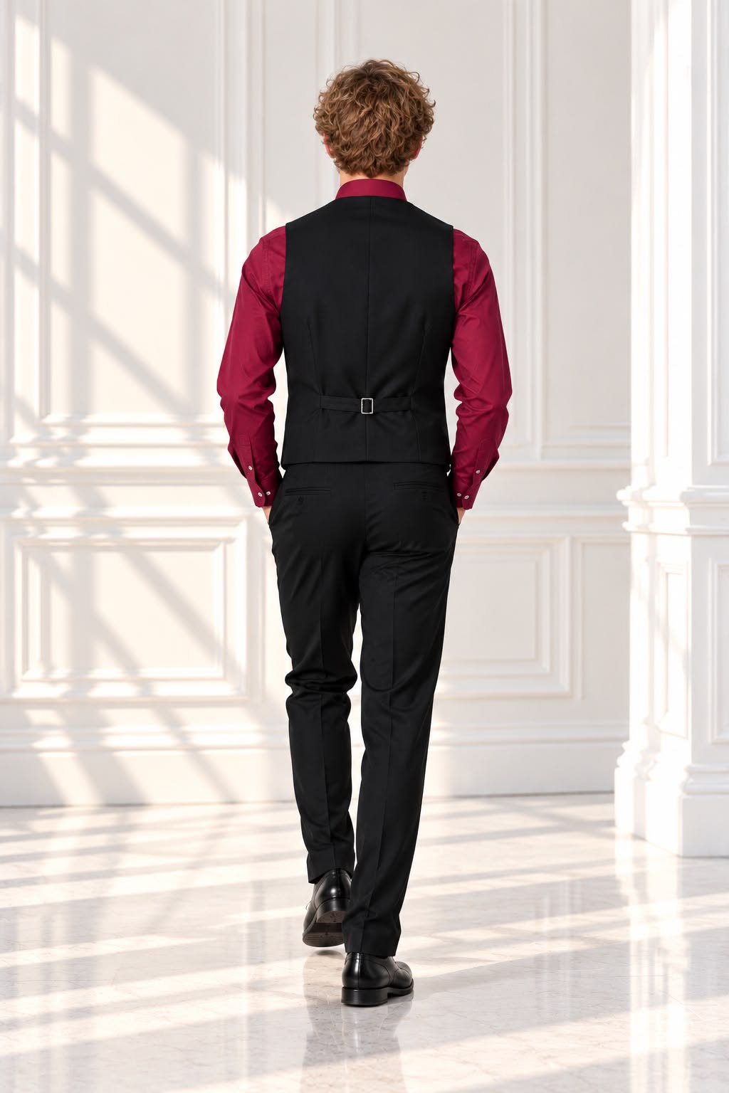 Boys’ 4-Piece Formal Shirt, Waistcoat, Tie & Trousers Set – Burgundy & Black | Size 20