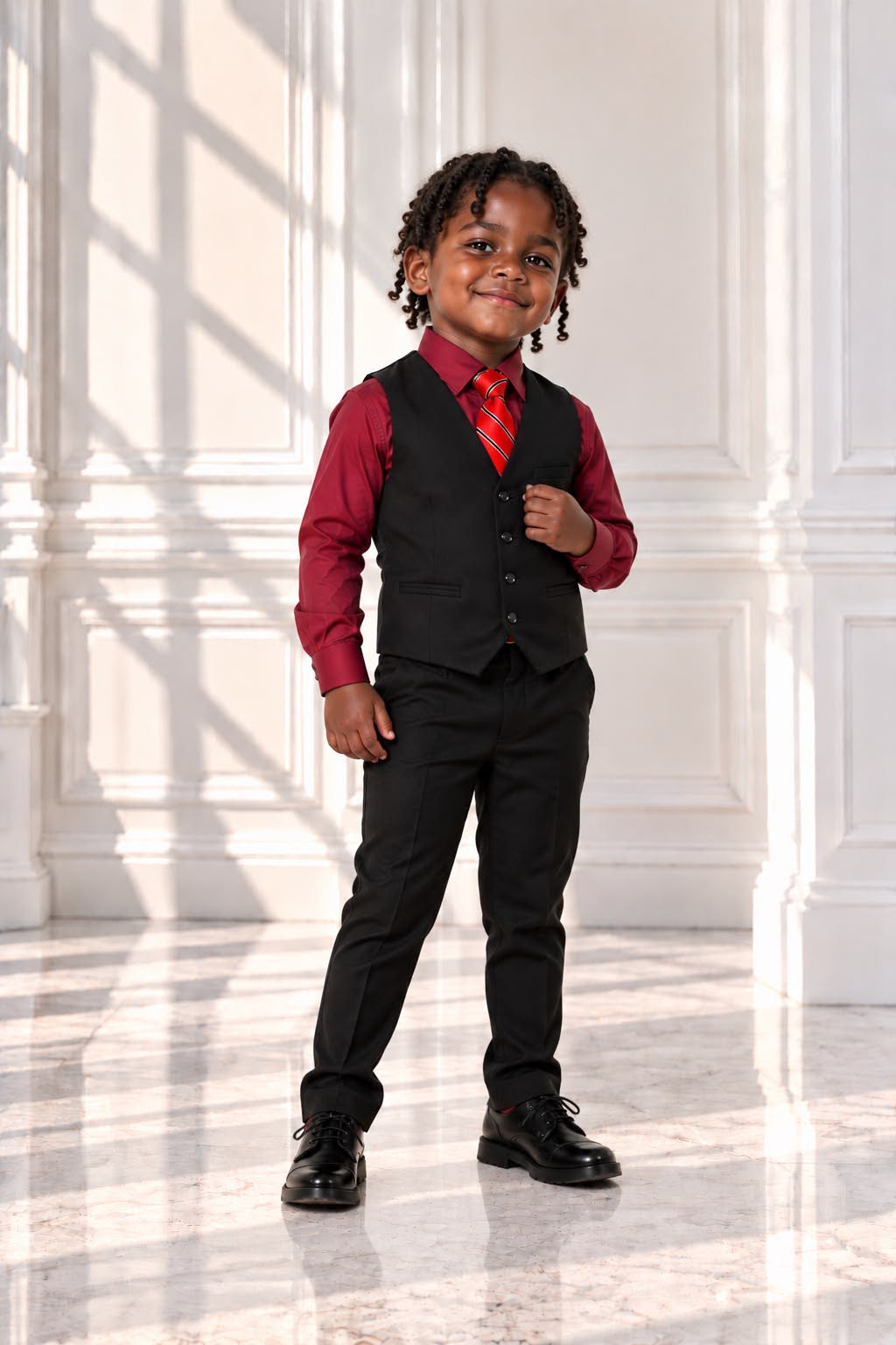 Boys’ 4-Piece Formal Shirt, Waistcoat, Tie & Trousers Set – Burgundy & Black | Age 4