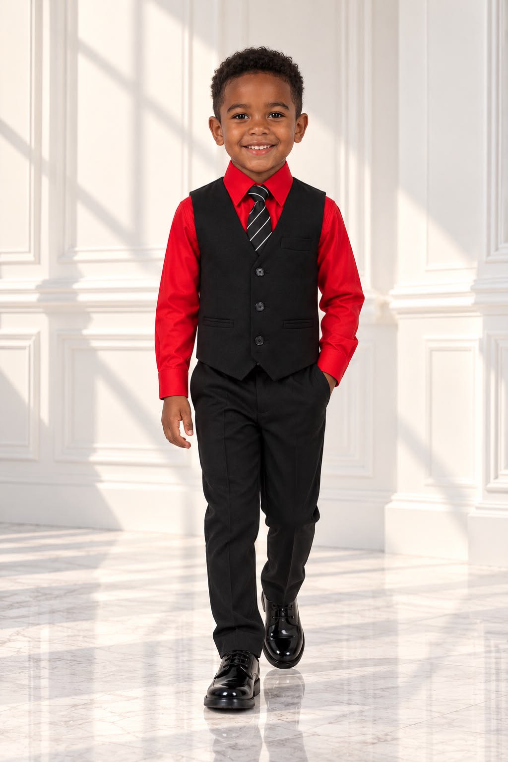 Boys’ 4-Piece Formal Shirt, Waistcoat, Tie & Trousers Set – Red & Black | Size 6