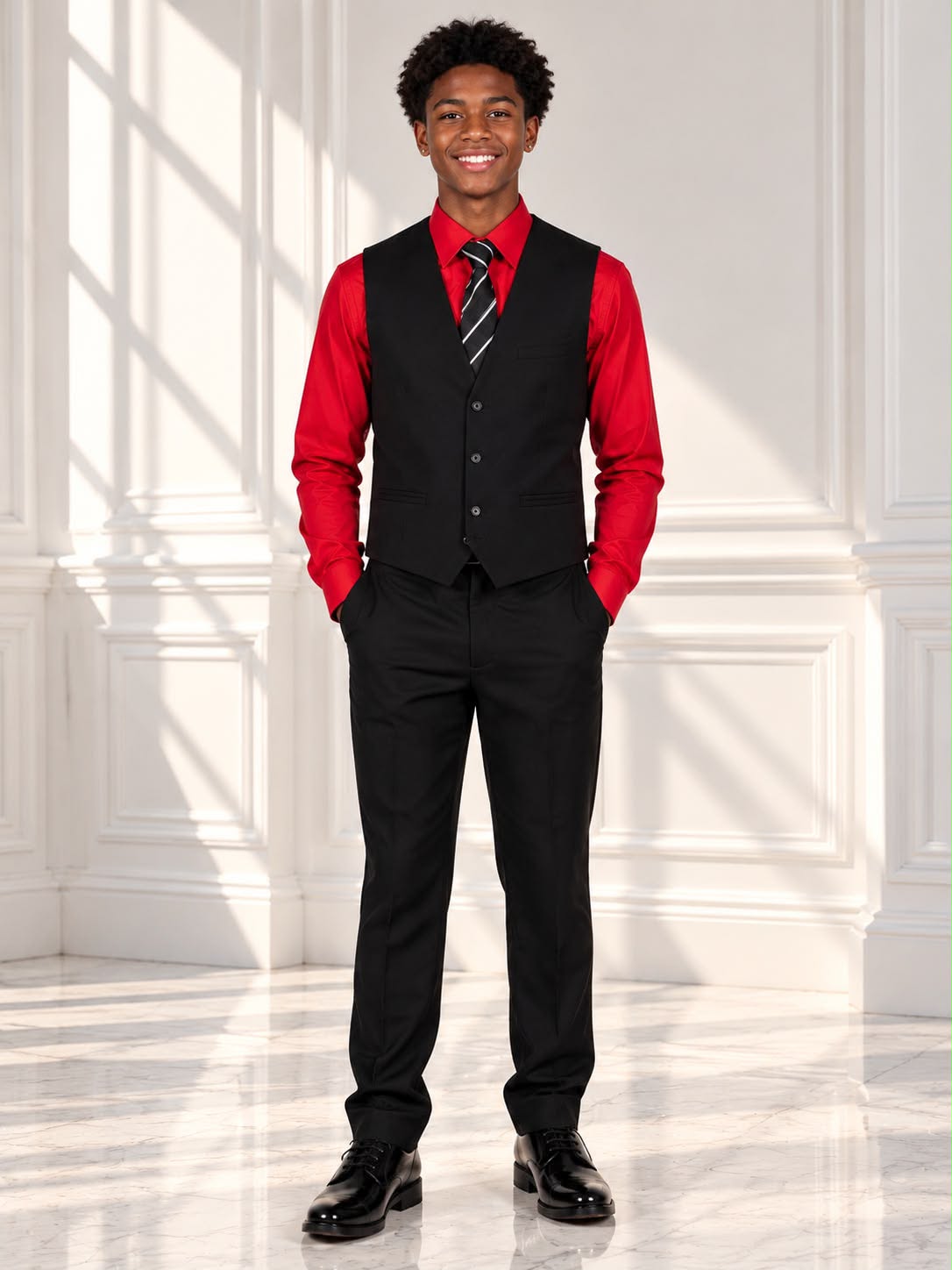 Boys’ 4-Piece Formal Shirt, Waistcoat, Tie & Trousers Set – Purple & Black | Size 18