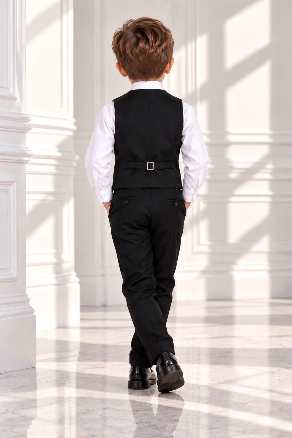 Boys’ 4-Piece Formal Shirt, Waistcoat, Tie & Trousers Set – White & Black | Size 5