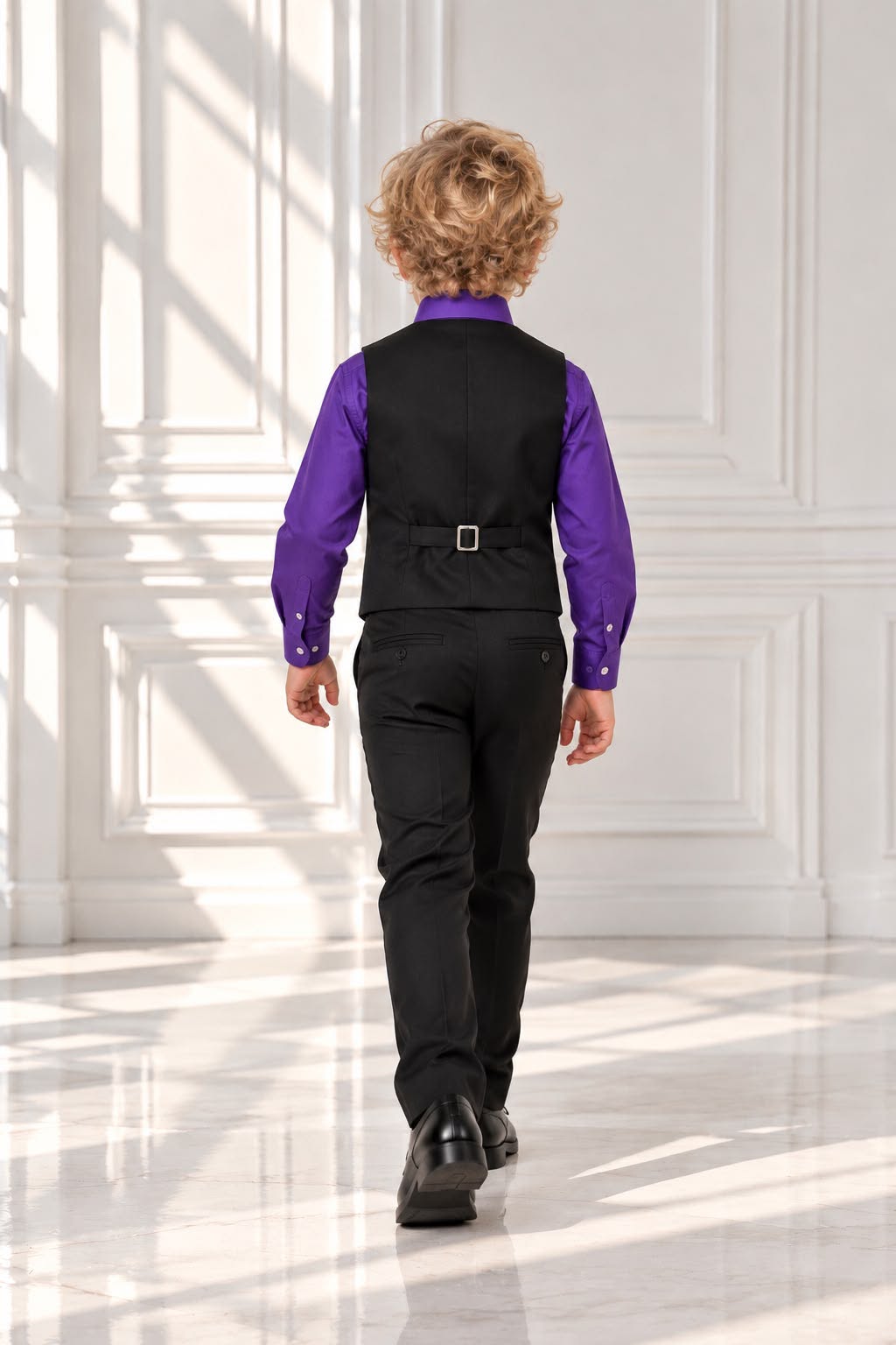 Boys’ 4-Piece Formal Shirt, Waistcoat, Tie & Trousers Set – Purple & Black | Age 4