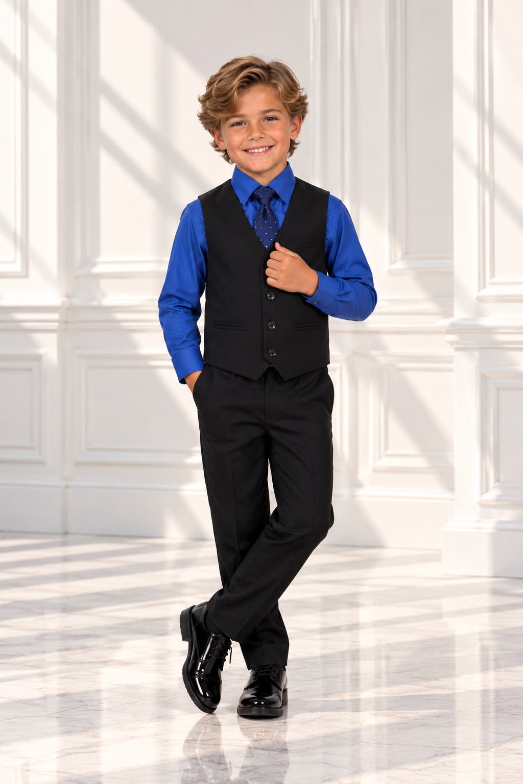 Boys’ 4-Piece Formal Shirt, Waistcoat, Tie & Trousers Set – Royal Blue & Black | Size 7