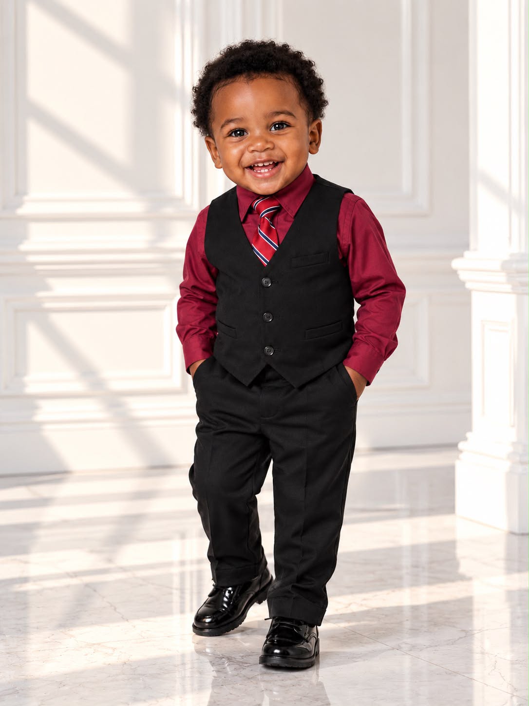 Toddler Boys’ Formal Shirt, Vest & Trouser Set – Burgundy & Black | 18 Months