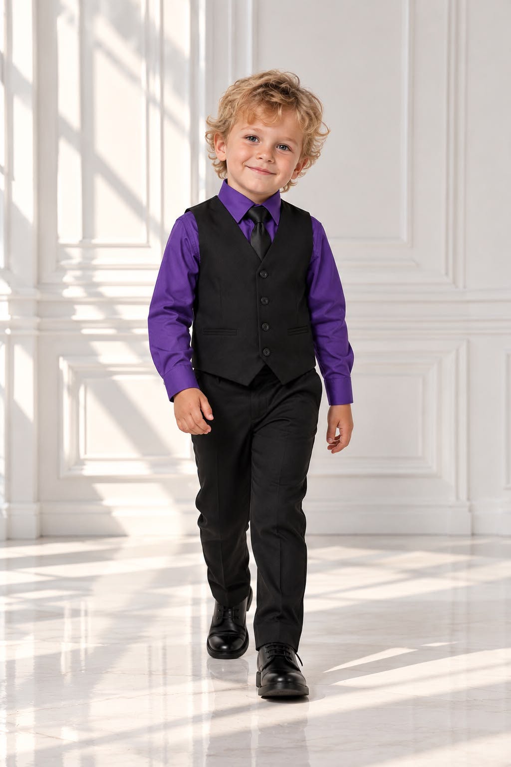 Boys’ 4-Piece Formal Shirt, Waistcoat, Tie & Trousers Set – Purple & Black | Age 4