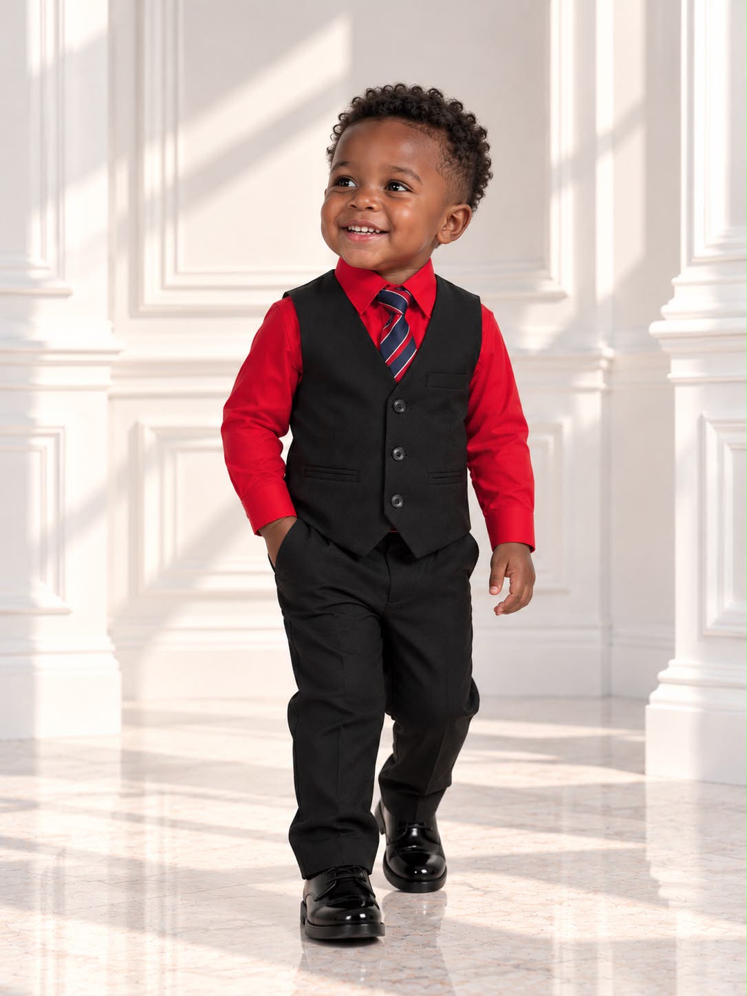 Toddler Boys’ Formal Shirt, Vest & Trouser Set – Red & Black | 18 Months