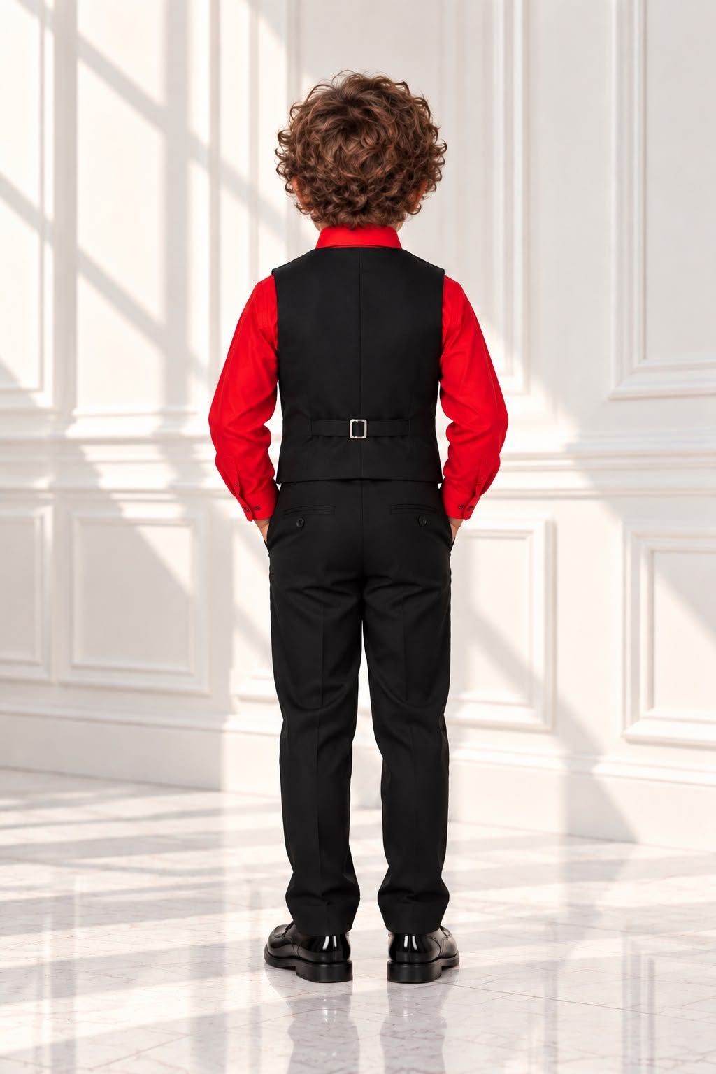 Boys’ 4-Piece Formal Shirt, Waistcoat, Tie & Trousers Set – Red & Black | Age 4
