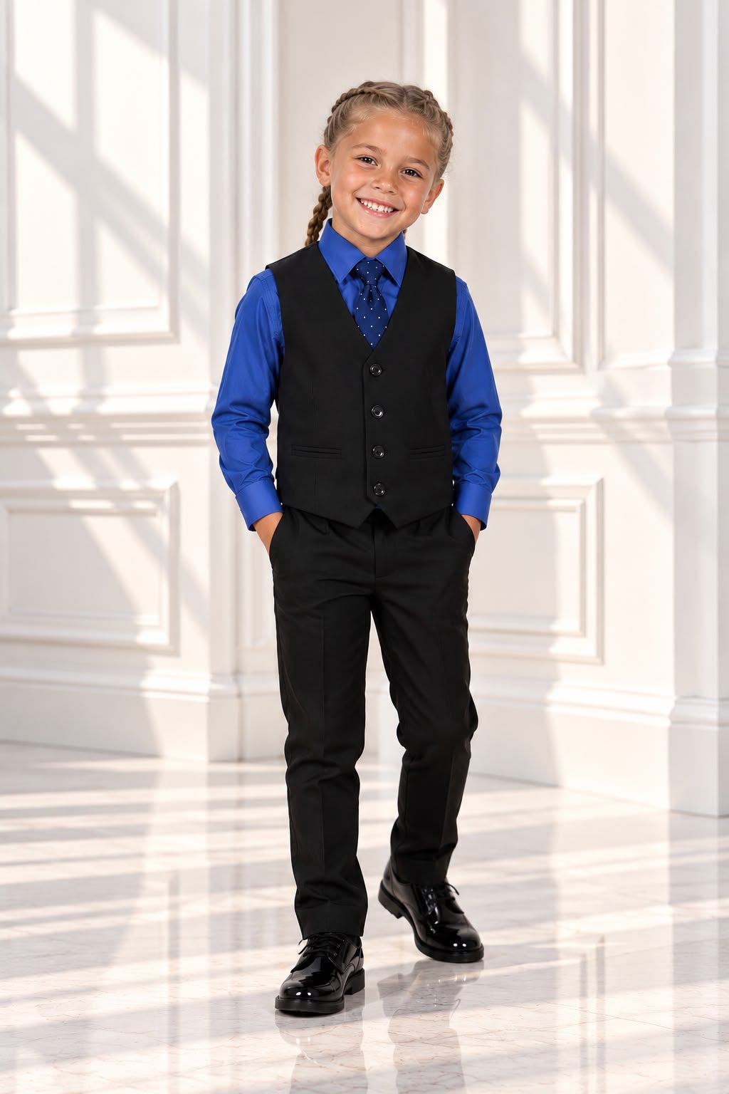 Kids’ 4-Piece Formal Shirt, Waistcoat, Tie & Trousers Set – Royal Blue & Black| Size 6