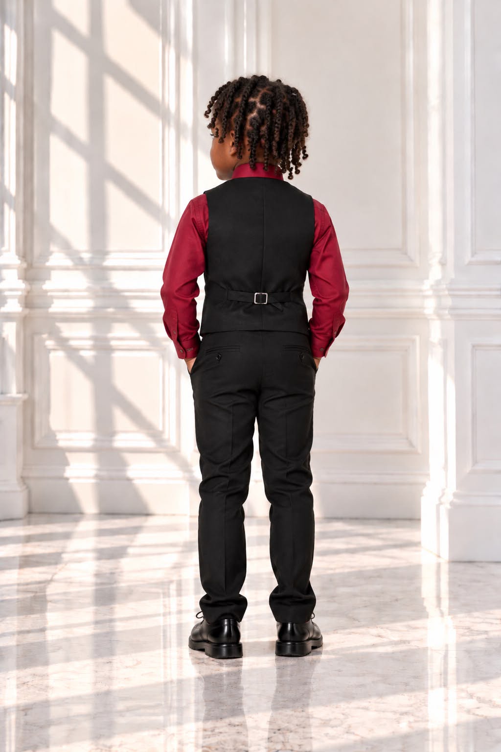 Boys’ 4-Piece Formal Shirt, Waistcoat, Tie & Trousers Set – Burgundy & Black | Age 4