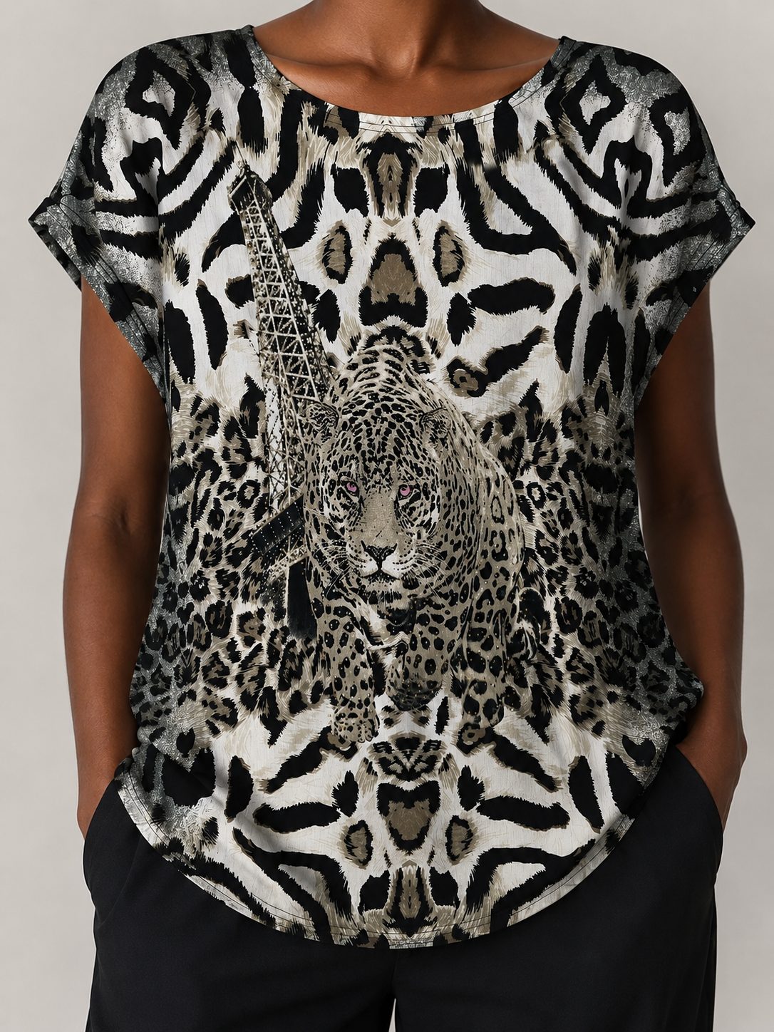 Ladies Printed Diamante Blouse – Black