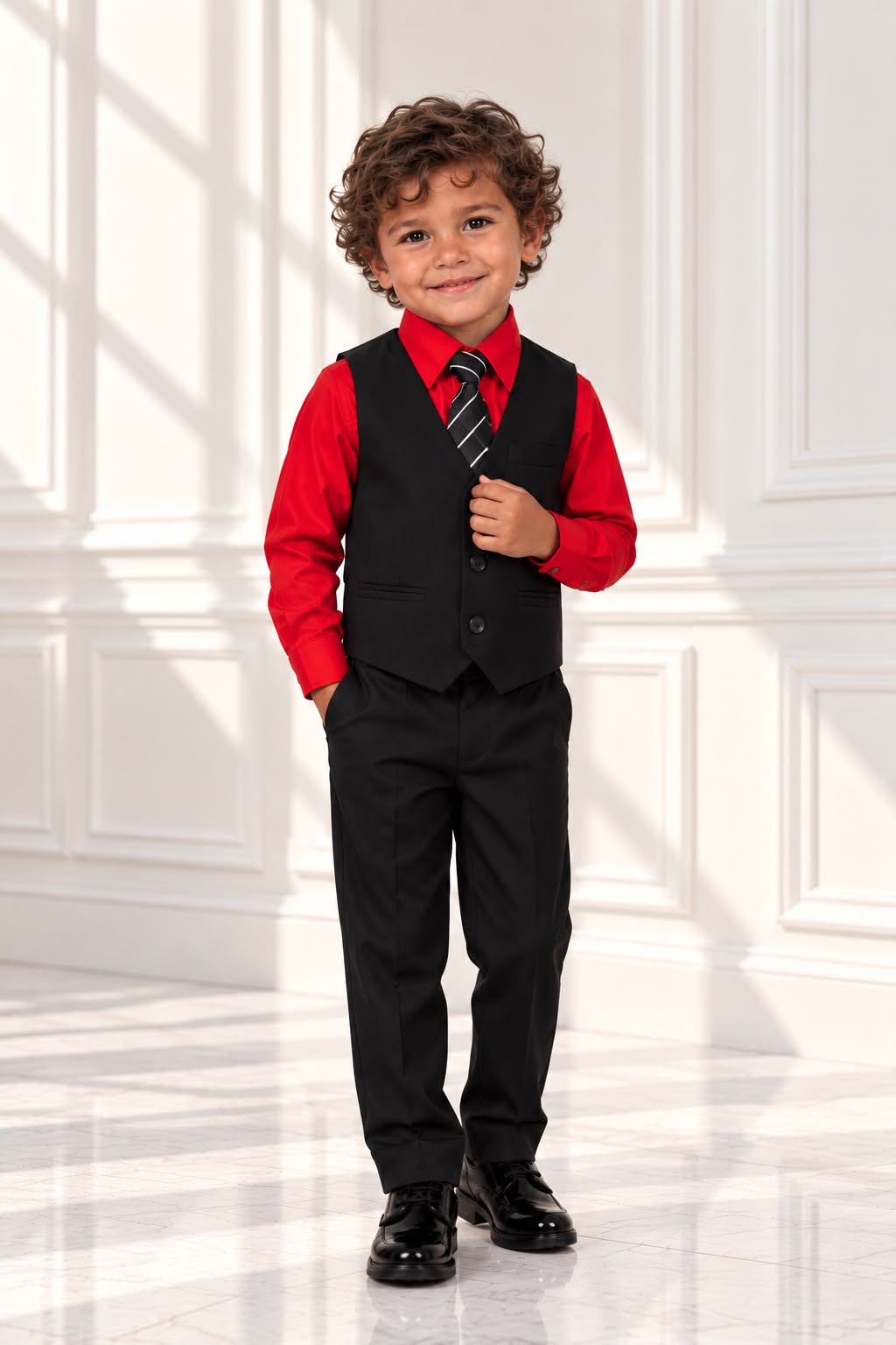 Boys’ 4-Piece Formal Shirt, Waistcoat, Tie & Trousers Set – Red & Black | Age 4