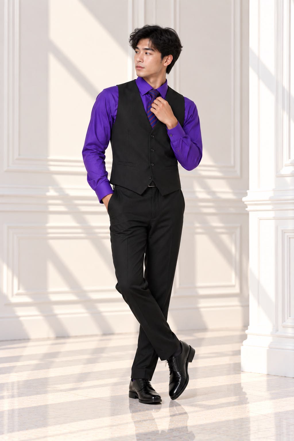 Boys’ 4-Piece Formal Shirt, Waistcoat, Tie & Trousers Set – Purple & Black | Size 20
