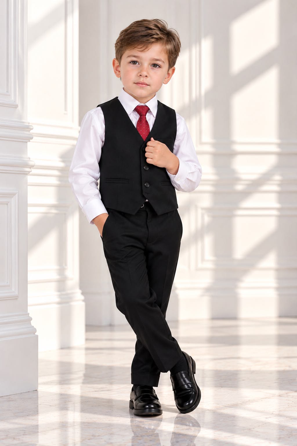 Boys’ 4-Piece Formal Shirt, Waistcoat, Tie & Trousers Set – White & Black | Size 5