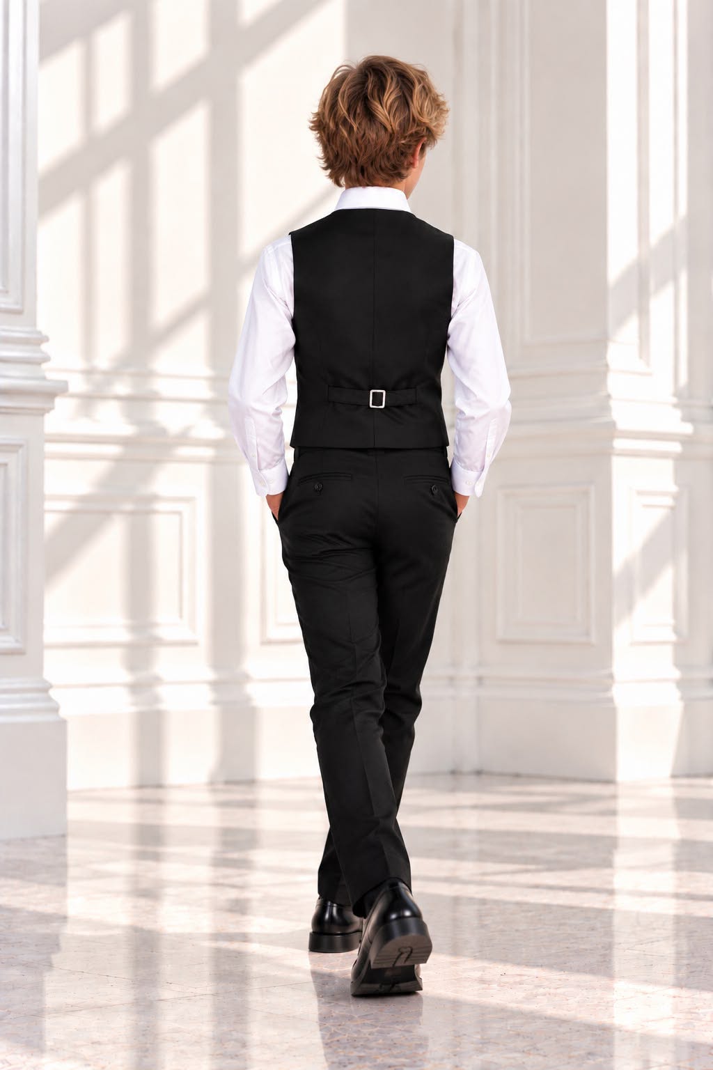 Boys’ 4-Piece Formal Shirt, Waistcoat, Tie & Trousers Set – White & Black | Size 16