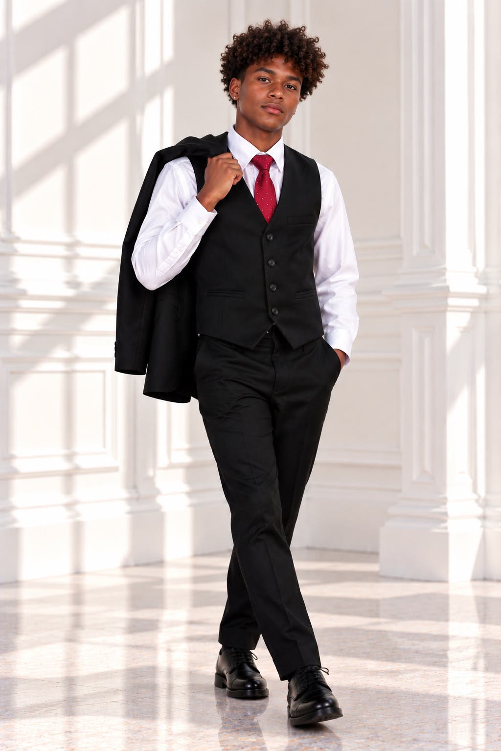 Boys’ 5-Piece Formal Suit Set with Shirt & Tie – Black & White | Size 18
