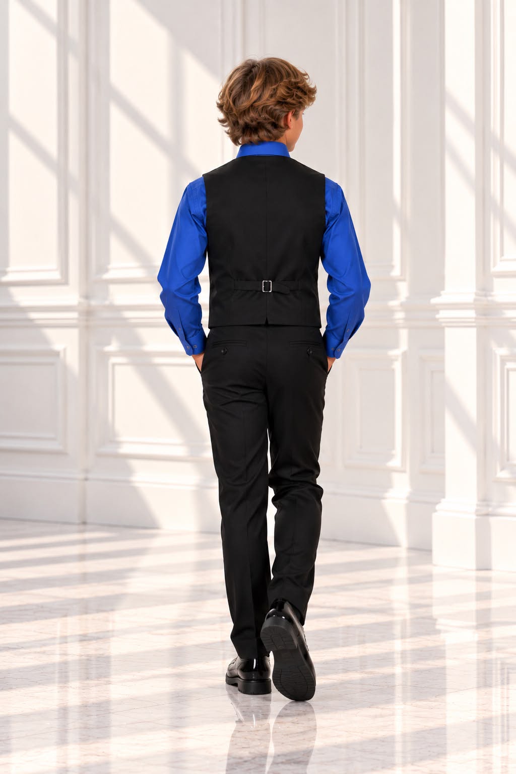 Boys’ 4-Piece Formal Shirt, Waistcoat, Tie & Trousers Set – Royal Blue & Black | Size 7