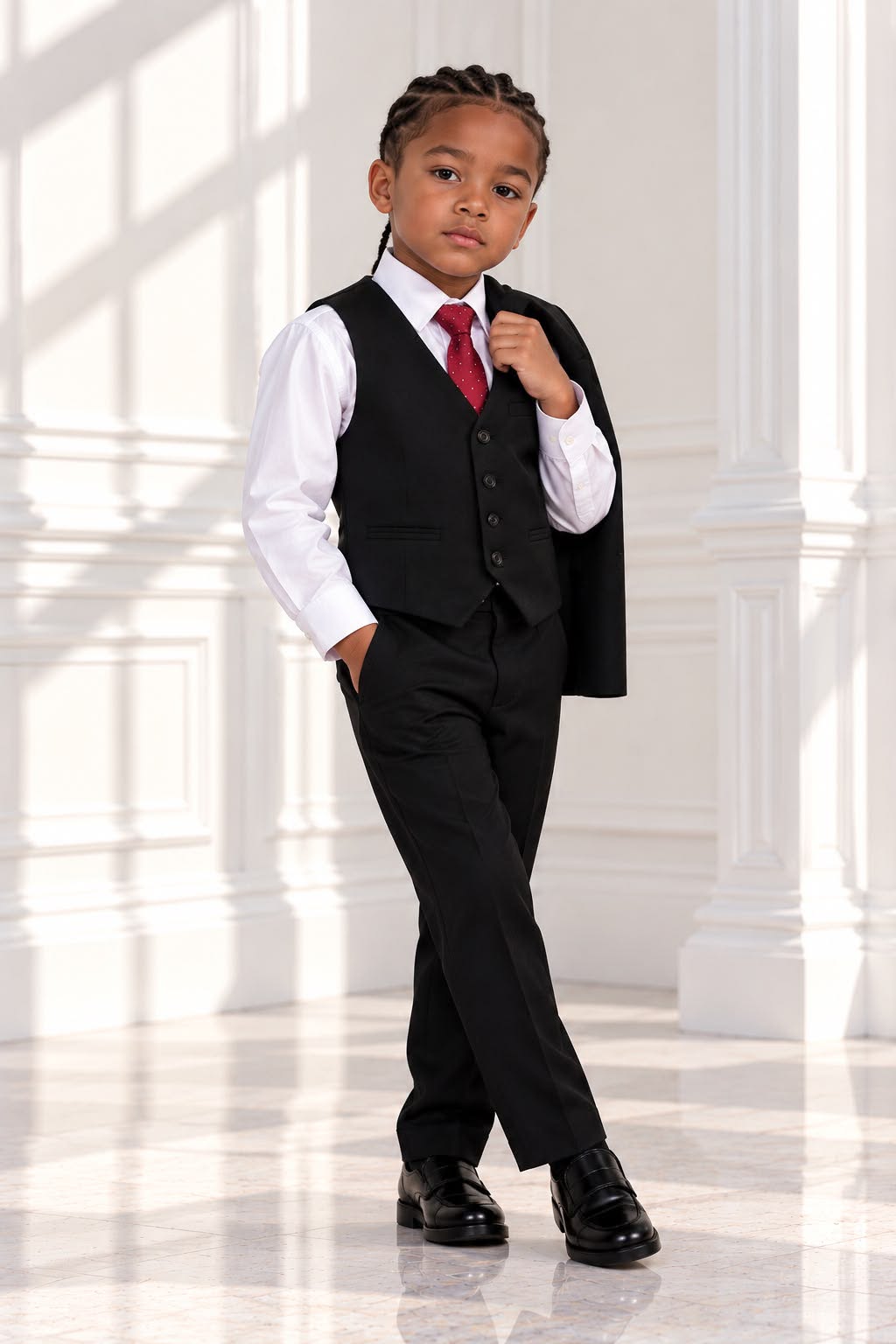 Boys’ 4-Piece Formal Shirt, Waistcoat, Tie & Trousers Set – White & Black | Size 6
