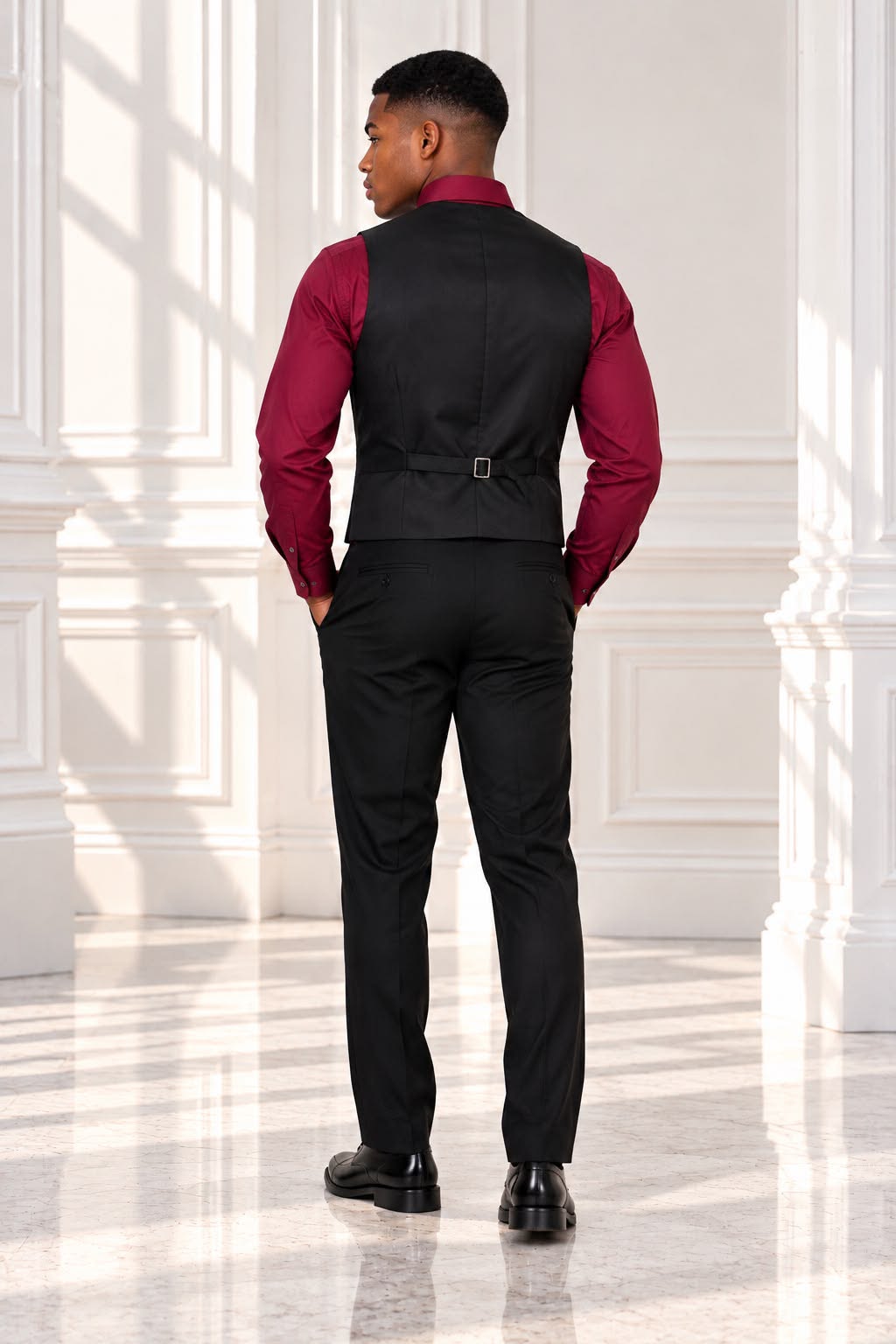 Boys’ 4-Piece Formal Shirt, Waistcoat, Tie & Trousers Set – Burgundy & Black | Size 18