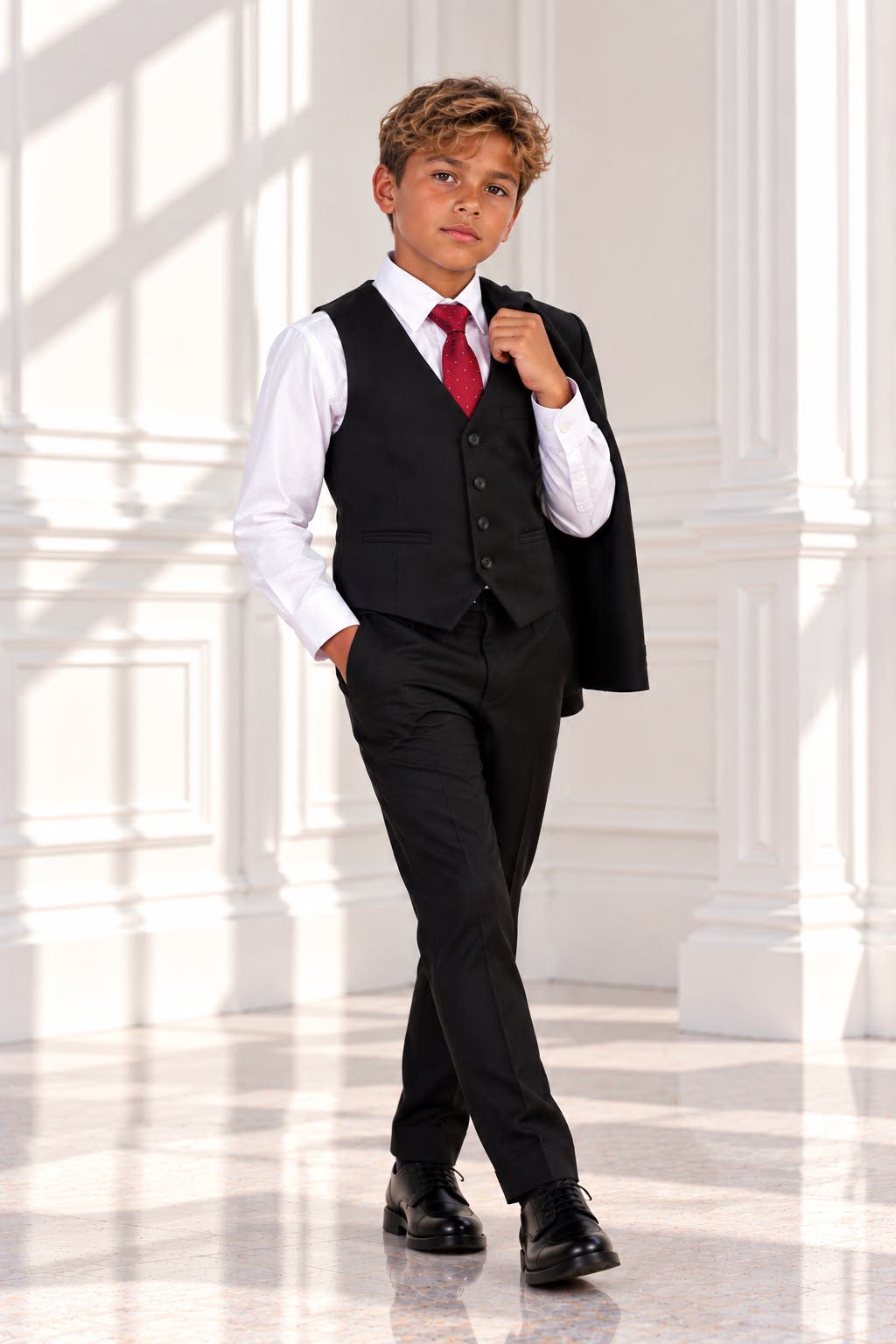 Boys’ 4-Piece Formal Suit Set with Shirt & Tie – Black & White | Size 12
